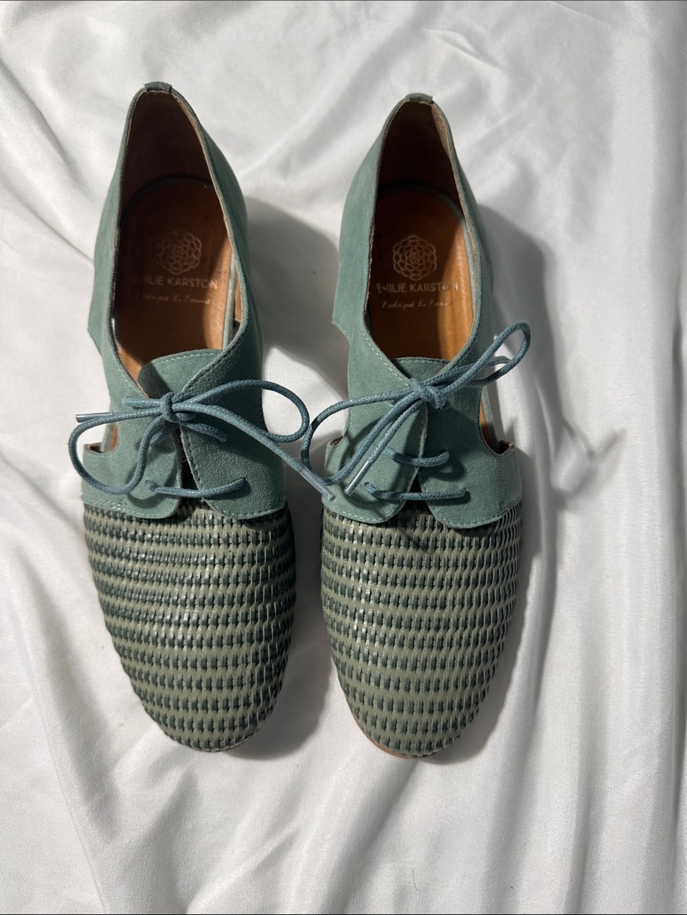 Emilie Karston  Woven Leather Oxford Flats EU 41 US 10 Sage Green Lace Up Boho